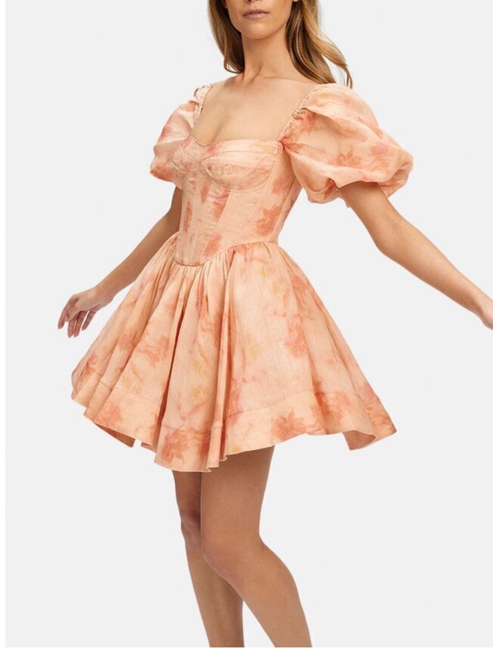 Bardot Peach Floral Puff-Sleeve Mini Dress- Small
